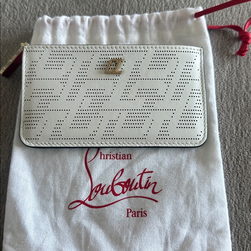 Christian Louboutin White Perforated Leather Card Holder with Gold Logo